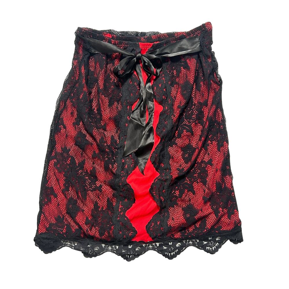Y2K Vixen Mesh Lace Tie Front A-Line Skirt 24 Red Black
